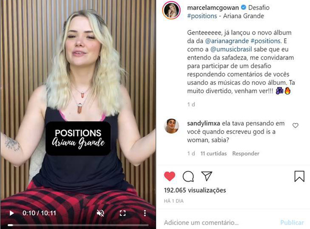 Ex-BBB Marcela MC Gowan usa Álbum "Positions", de Ariana Grande, Para dar Dicas A Seus Seguidores